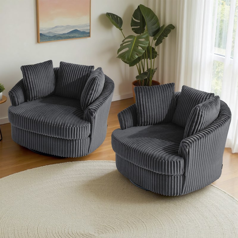 2 Set Oversized 43" W Plush Corduroy Swivel Barrel Chair with Pillows