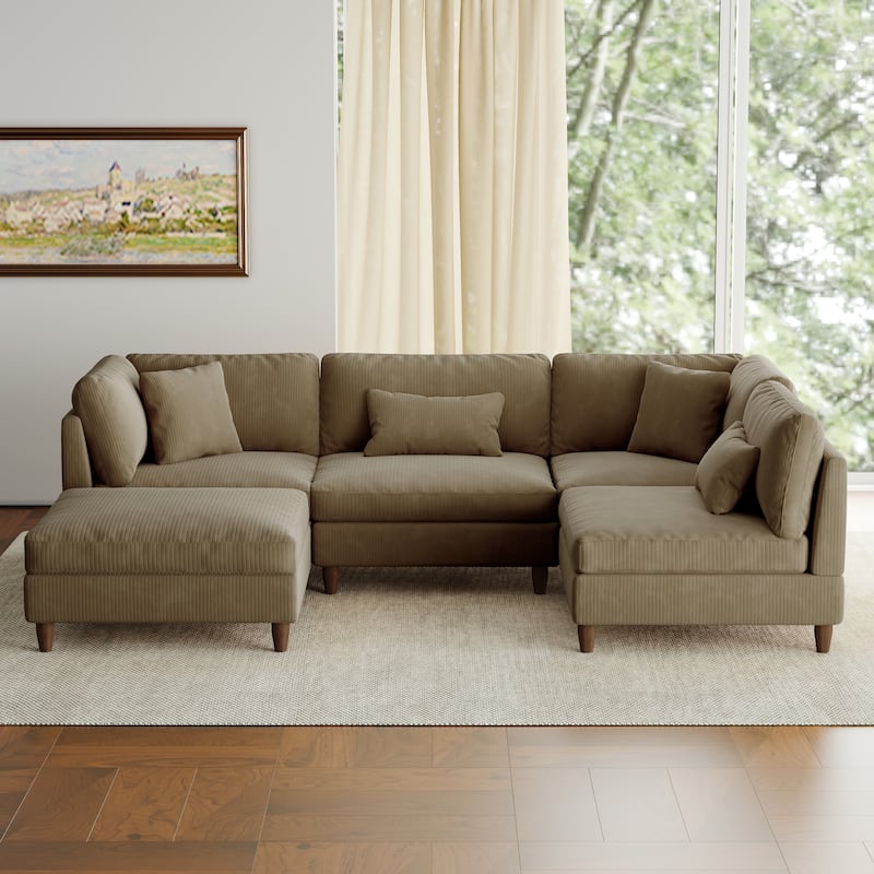 5-Piece Modern Comfy Corduroy Modular Sectional Sofa with Ottoman - Camel