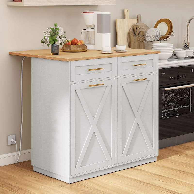 Moasis 39" Kitchen Island Kitchen Storage with Power Socket and Tilt Out Trash Bin Storage Cabinet