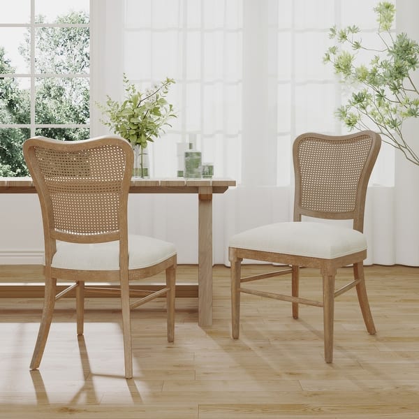 slide 2 of 15, Reno Farmhouse Rubberwood Dining Chairs with Rattan Backrest (set of 2) by Christopher Knight Home Dark Brown+Beige
