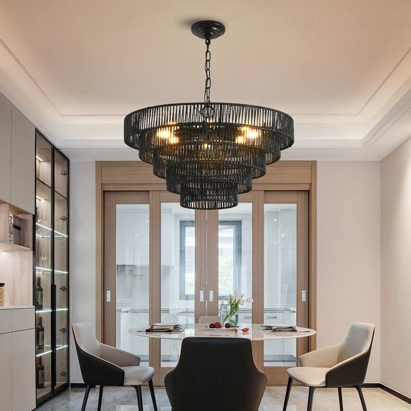 24" Modern 5-Layer Woven Hemp Rope Chandelier, Boho Style Pendant Light, Elegant Hanging Light Fixture for Living Room, Bedroom - Black