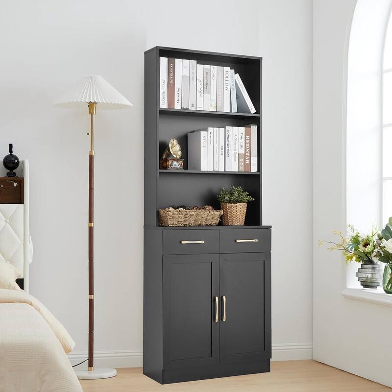 Bookshelf with Two Doors and Drawers, Adjustable Shelf, Three-layer Open Shelf