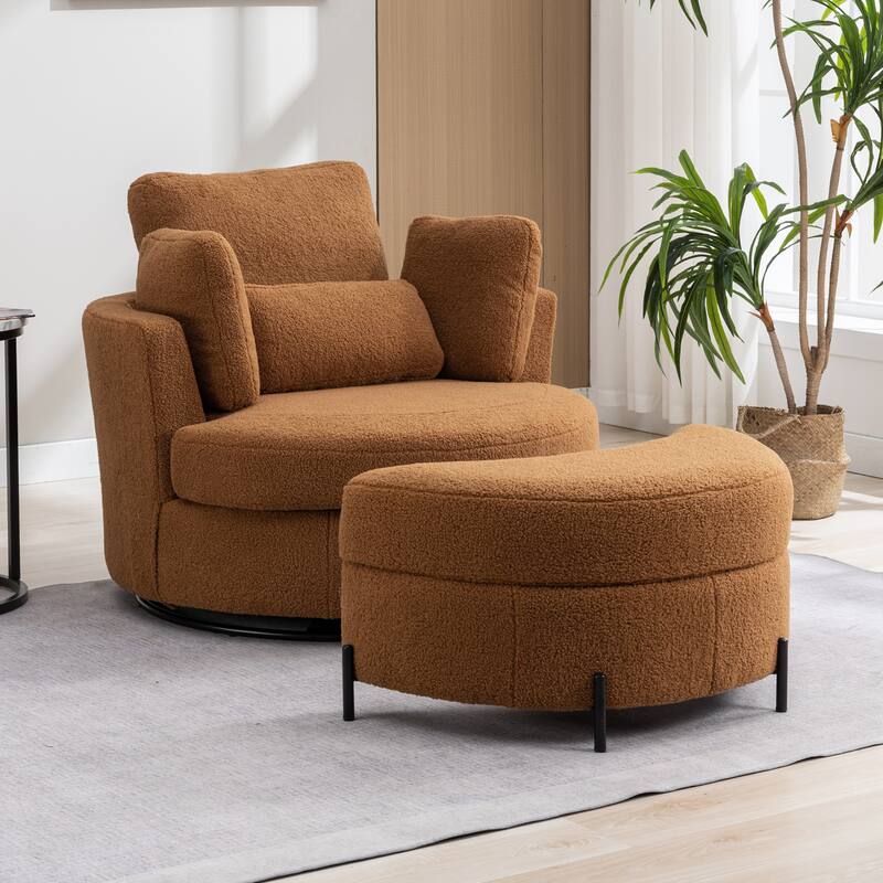 42.3"W Upholstered Swivel Accent Chair with 4 Pillows and Half-Moon Storage Ottoman - Caramel