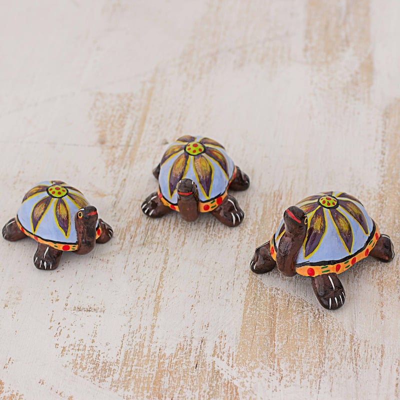 Novica Handmade Flower Turtles In Blue Ceramic Sculptures