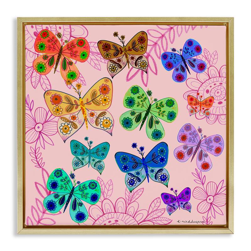 Stupell Bright Patterned Butterflies Framed Floater Canvas Wall Art Design By Kay Widdowson - 25 x 25 - Gold