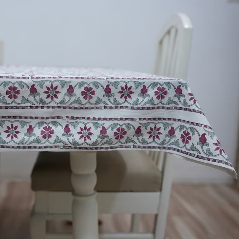 Fabdivine Handmade Block Print Cotton Brown Table Cover or Cloth Dining, Farmhouse & Kitchen Décor - 60"X60" - Mrignayani- Dark Pink, Grey