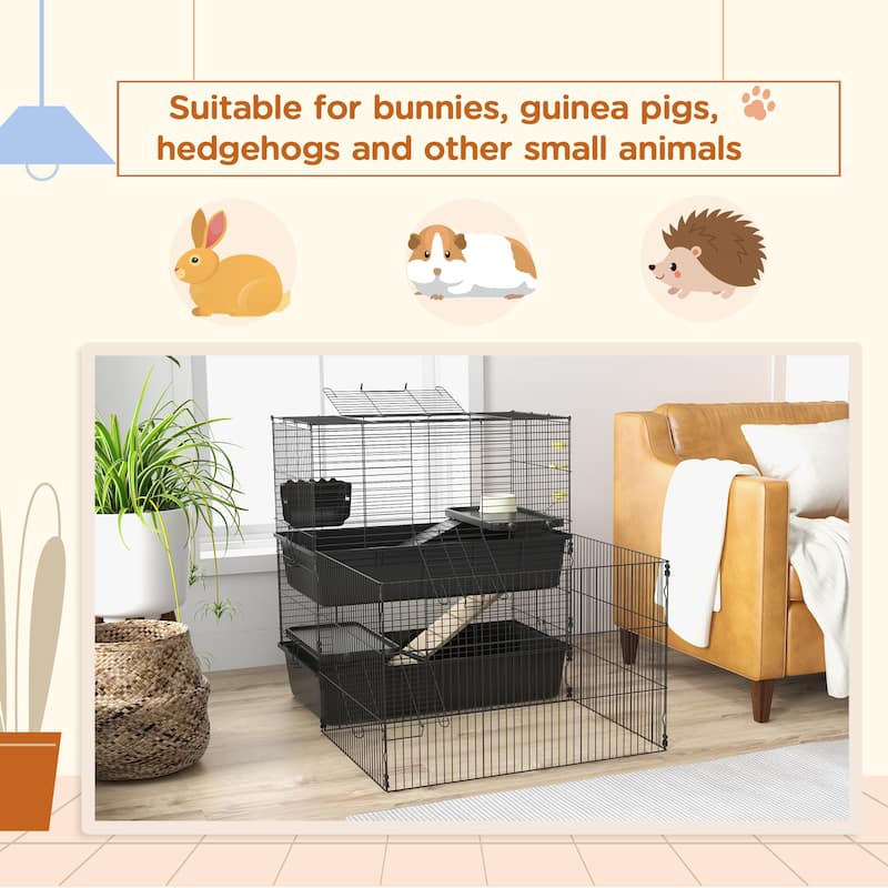 PawHut Small Animal Cage with Playpen, Multi-level Pet Habitat Indoor for Guinea Pigs Hedgehogs Bunnies with Accessories
