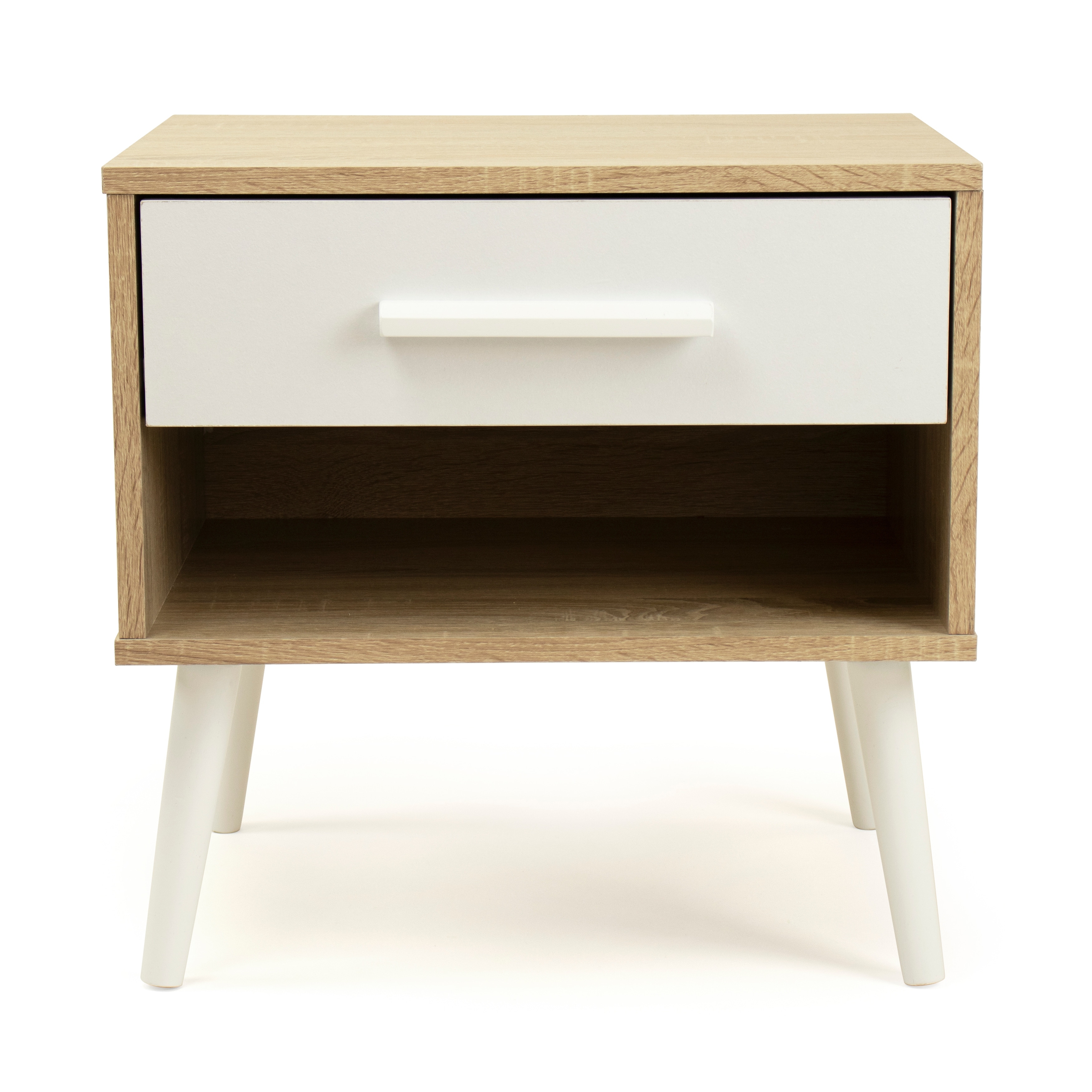 white and light wood nightstand