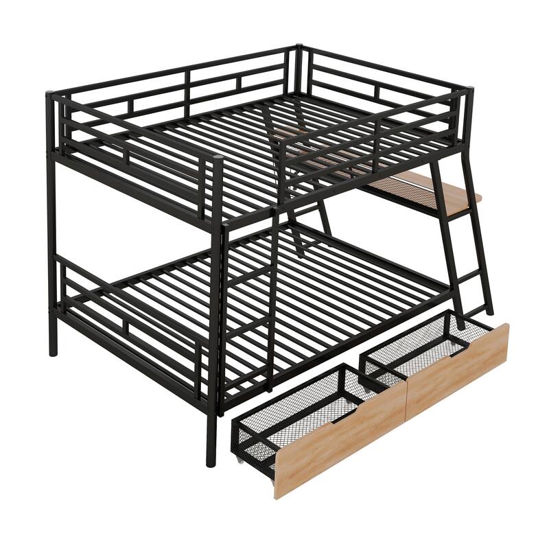 Black Full Size Bunk Bed with Desk, LED Lighting, and Two Under-Bed Drawers, Metal Frame