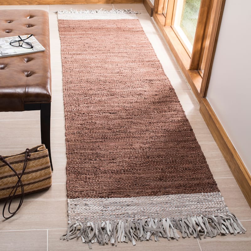 SAFAVIEH Handmade Vintage Boho Leather Catrina Modern Stripe Leather - 2' 3" x 9' - Light Grey/Brown - Runner