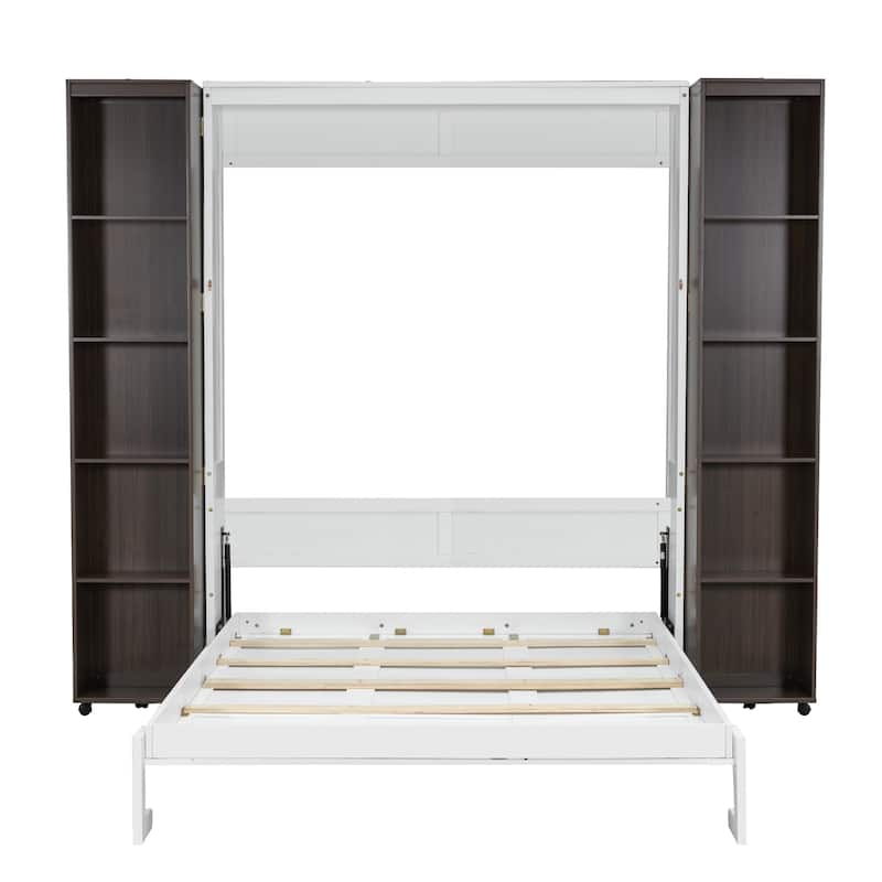 Queen Murphy Bed with Storage Bookcase, Space Saving Queen Foldable Wood Wall Bedframe for Guest Room, Home Office, Bedroom