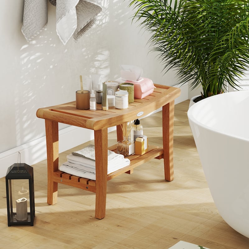 Gymax 30'' Large Teak Shower Stool w/ Storage Shelf Non-slip &