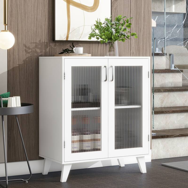 Anmytek Fluted Glass Double Door Cabinet White Modern Cabinet Storage Sideboard with Tapered Legs - White