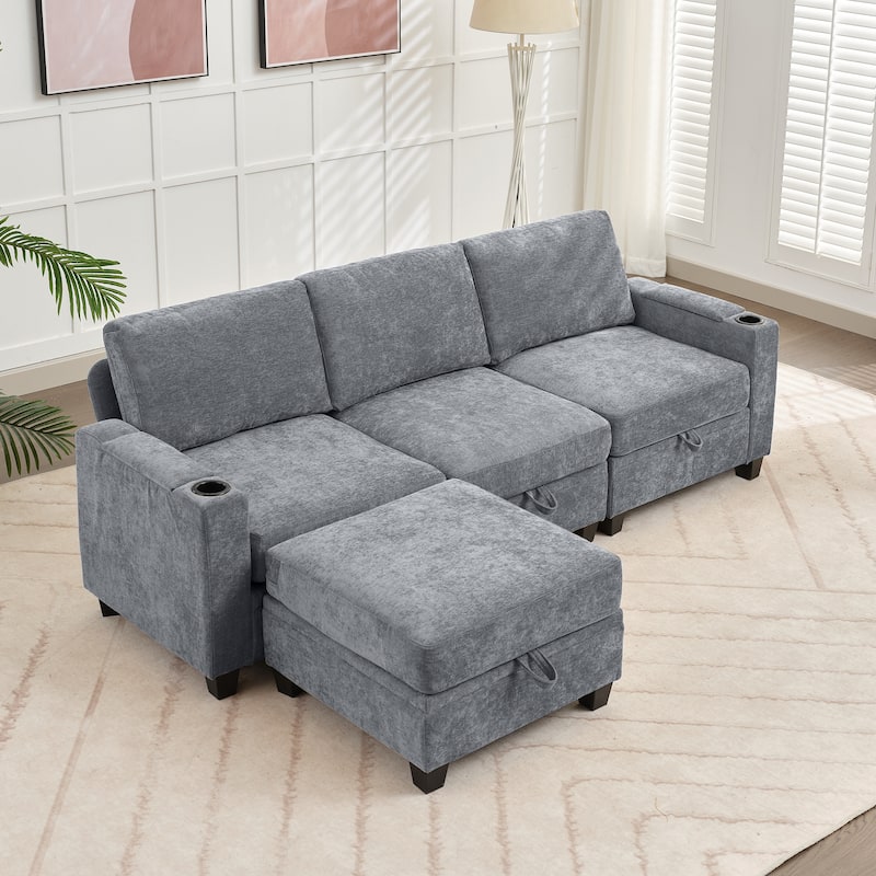 Chenille Storage Sofa, 3 Seats with a Removable Ottoman