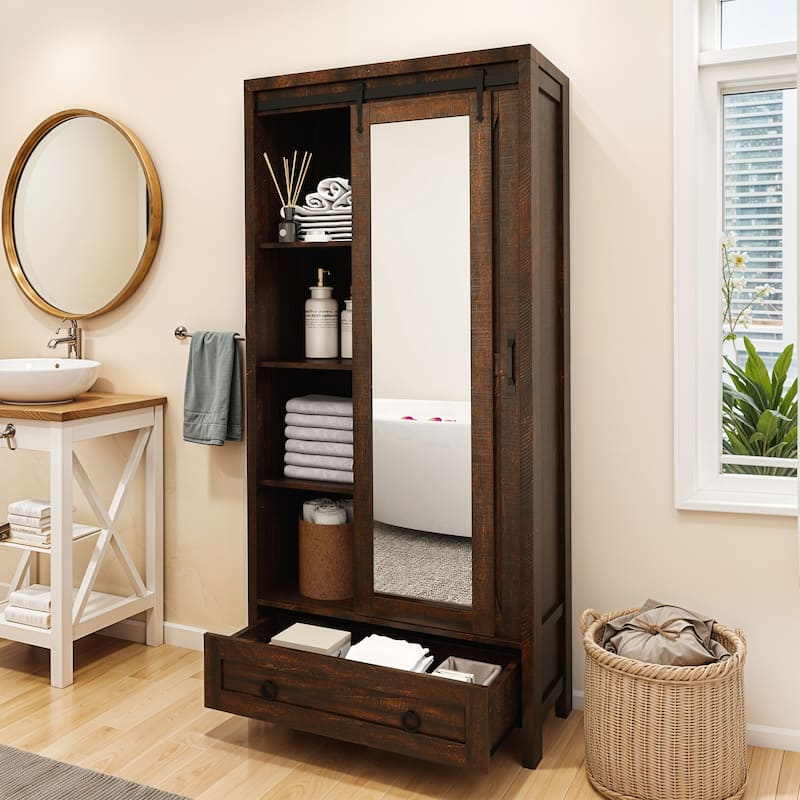 Farmhouse Tall Bathroom Storage Cabinet with Doors And Adjustable Shelf - Brown
