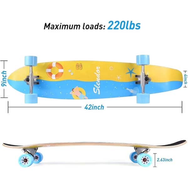 42 in. Beach Swimming Longboard Skateboard Drop Through Deck Complete Maple Cruiser Freestyle, Camber Concave