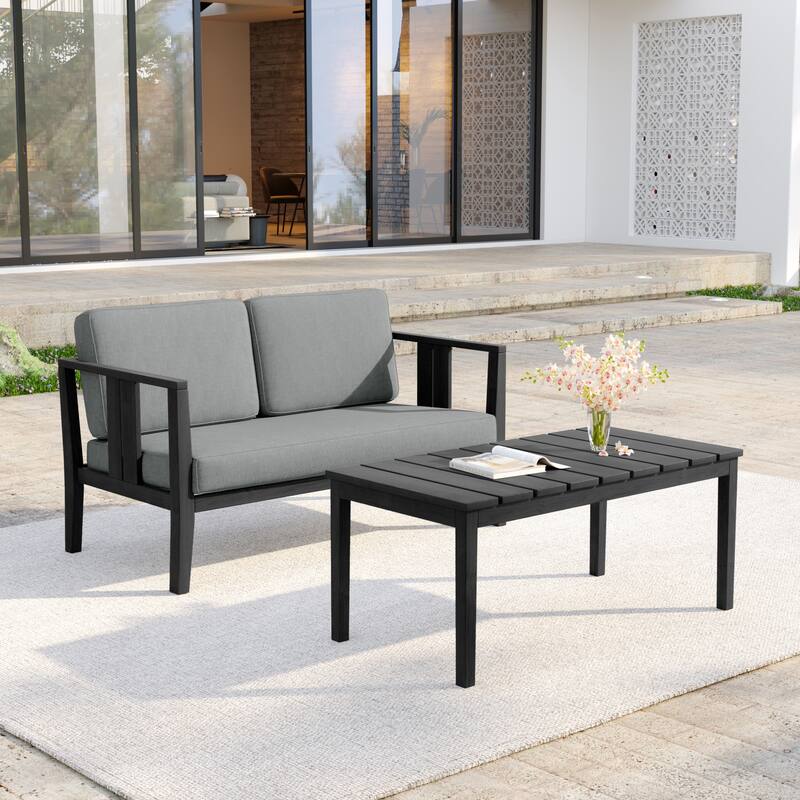 Casual 53"W Outdoor Patio Loveseat Set In Solid Teak Wood with Cushion