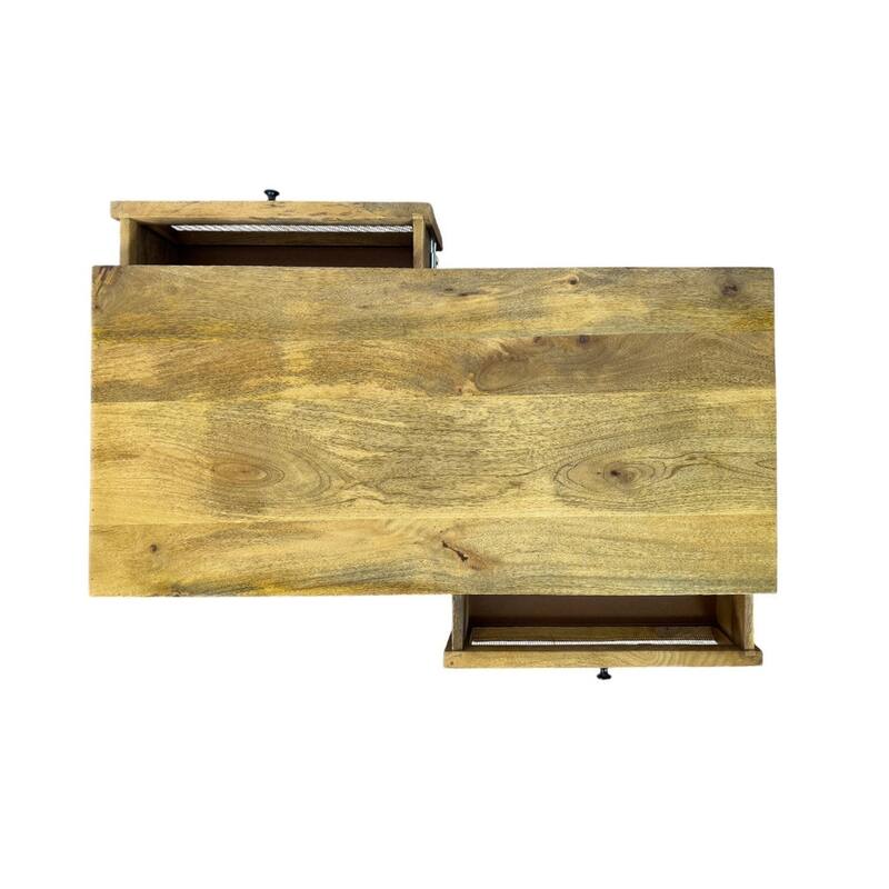 Haven Acacia Wood Coffee Table with Dual Storage Compartments - Rectangular Blonde Finish, Cane Trim Drawer, Open Cubby Table