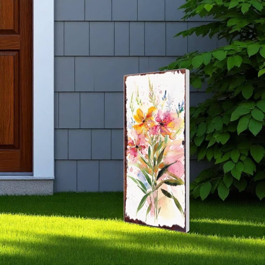 HomeRoots 10" White Pink And Green Wood Wildflowers Garden Stake