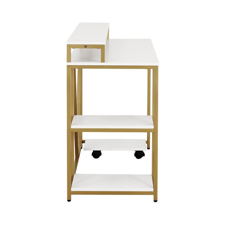 Modern Industrial Computer Desk with Two Open Shelves, Elevated Storage, and Accessory Holder for Home Office Organization