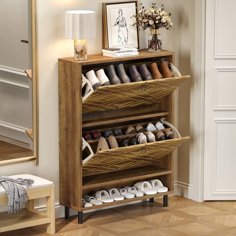Narrow Shoe Cabinet with 2 Flip Drawers for Entryway Organizer - Brown