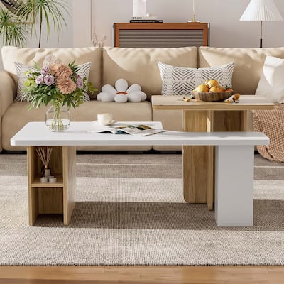 Versatile Set of Two Nesting Rectangle Coffee Tables with Wood Finish,for Living Rooms
