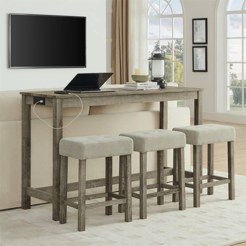 59 Inch 4 Piece Bar Table and Chair Set with Power Outlet and 3 Upholstered Stools