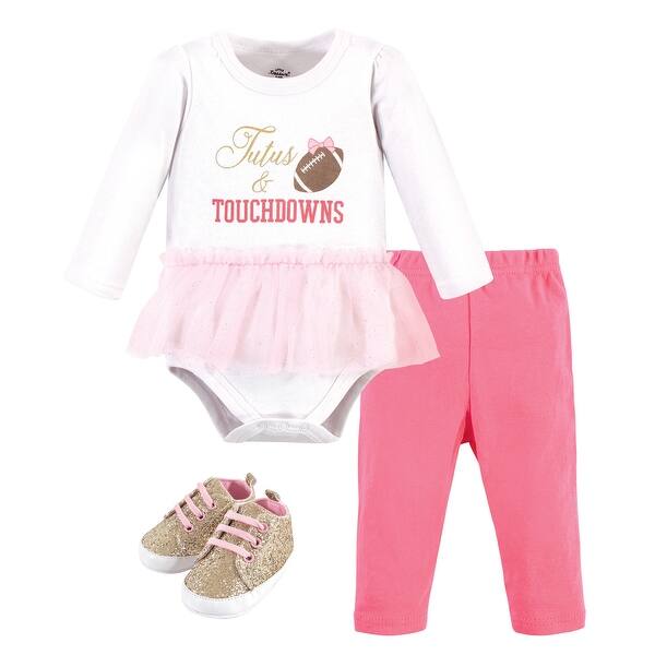 slide 1 of 1, Little Treasure Baby Girl Cotton Bodysuit, Pant and Shoe 3pc Set, Tutus Touchdowns 0-3 Months - Tutus Touchdowns