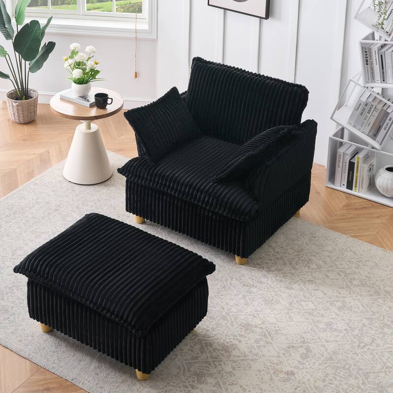 Single Sofa with Ottoman, Comfy Corduroy Upholstered Armchair, Lounge Chair with Throw Pillows for Living Room, Balcony