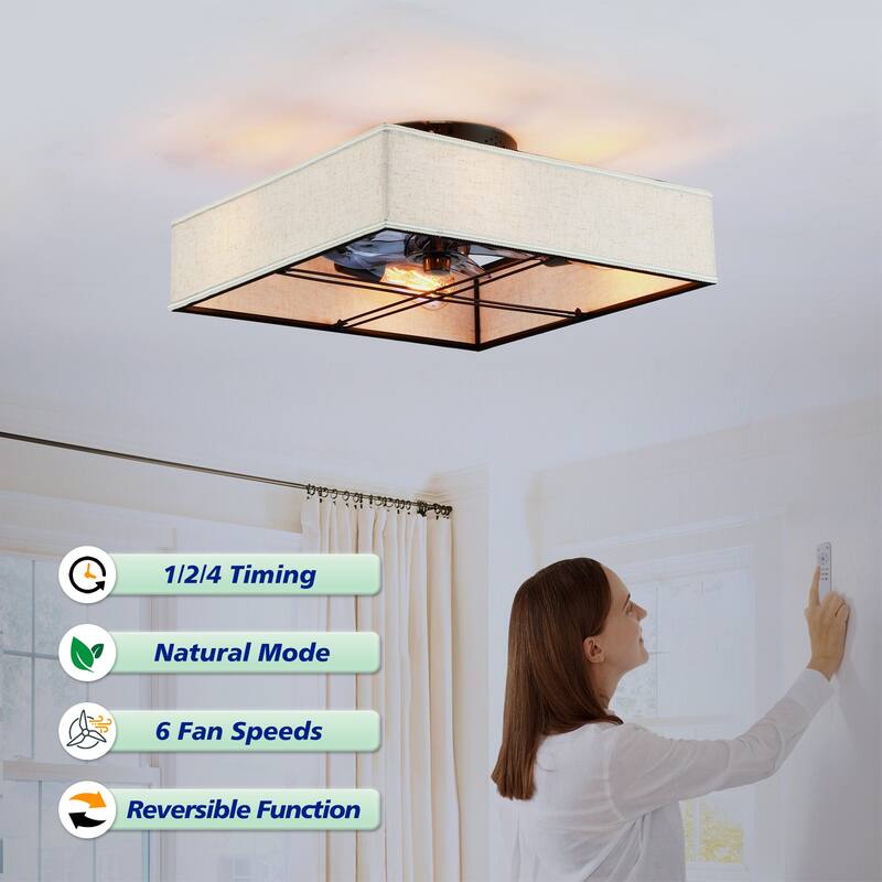 16.6" Square Fabric Farmhouse Flush Mount Ceiling Fan