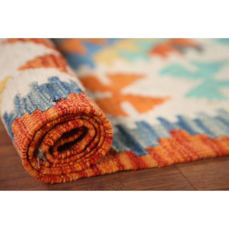 Hand Woven Oriental 100% Wool Carpet Southwestern Geometric Multi-Colored Kilim Area Rug - 3' 8'' X 2' 7''