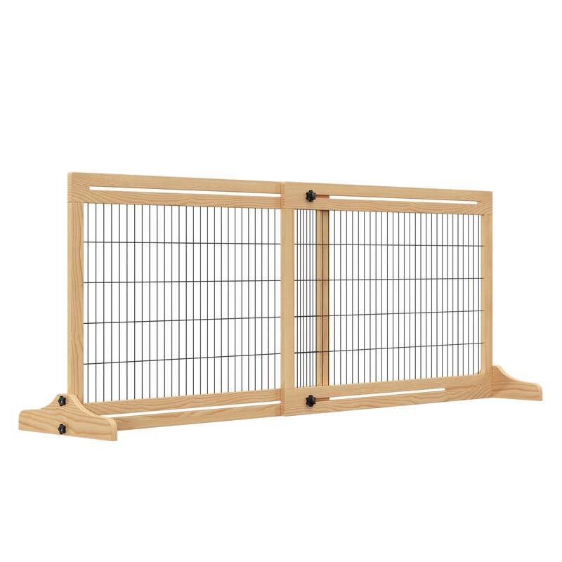 Extra Wide Freestanding Pet Gate with Adjustable Length Barrier, for House, Doorway, Hallway, Natural, Support Feet Included - Green