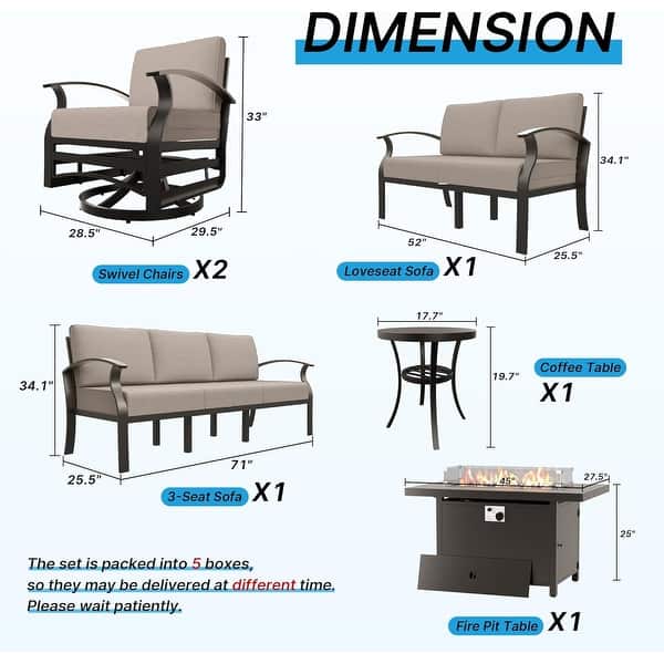 dimension image slide 8 of 14, Aluminum Patio Outdoor Sectional Sofa Set with Fire Pit, Swivel Rocking Chairs and Ottomans