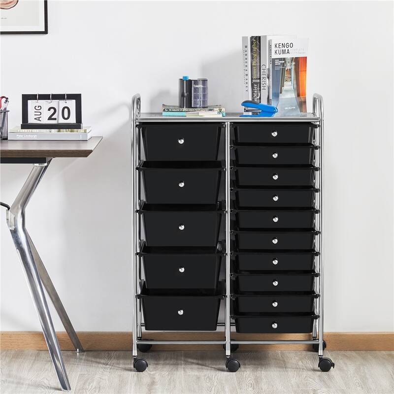 Yaheetech 15-Drawer Metal Frame Rolling Storage Cart Bin Organizer - Black