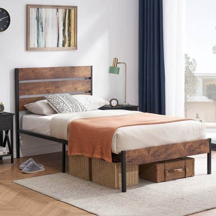 Modern Industrial Platform Bed Frame with Black Oak Headboard - Brown - Twin