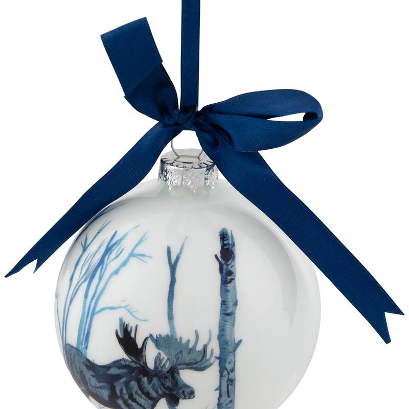 Moose Glass Christmas Ball Ornament - 4" - White and Blue