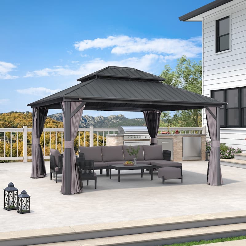 PURPLE LEAF Gazebo Outdoor Gazebo with Dual-Layer Galvanized Steel Double Roof Aluminum Gazebo with Netting and Curtains Grey - 12' x 14' - Grey