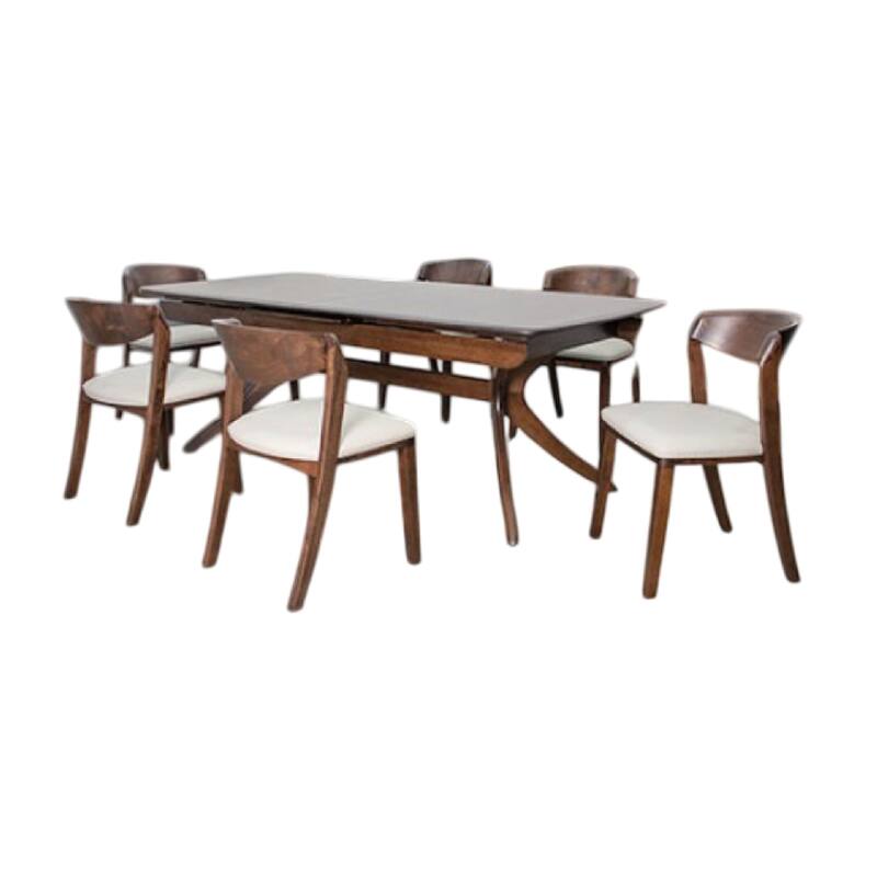 Viki 7pc Dining Table Set, Extendable, Ivory Fabric Chairs, Brown Wood