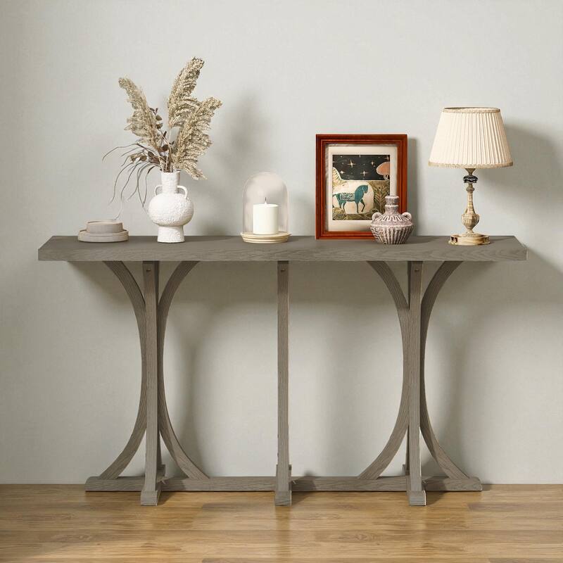 59.8'' Farmhouse Wooden Console Table with Oak Veneer Top, Curved Rubber Wood Legs, Entryway Sofa Table for Living Room - Grey