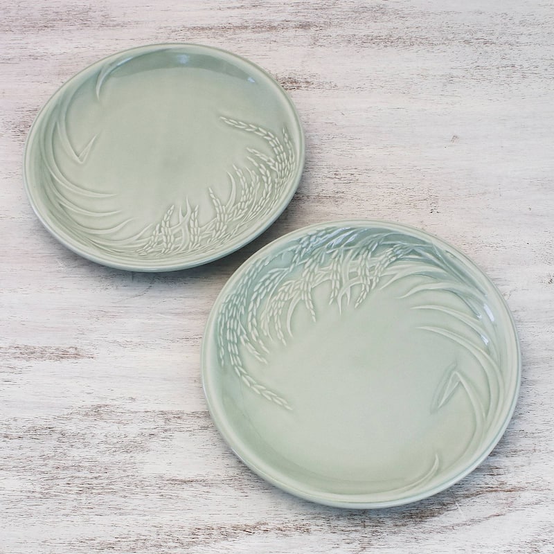 Novica Handmade Thai Rice Celadon Ceramic Plates (Pair)