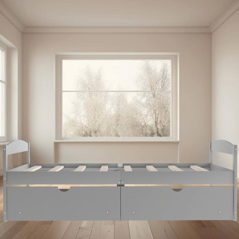 Twin Size Wooden Platform Bed Frame with 2 Drawers, Practical and Space-Saving Storage Bed, for Kids Boys Girls, Easy Assembly - Grey - Twin
