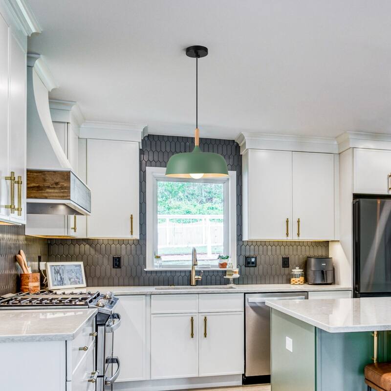 Modern 1-Light Green Dome Pendant Light with Decorative Wood Accent