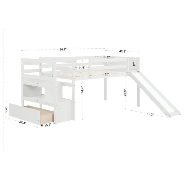 Twin Size Multiple Functional Low Loft Bed with Stairs and Slide for Home