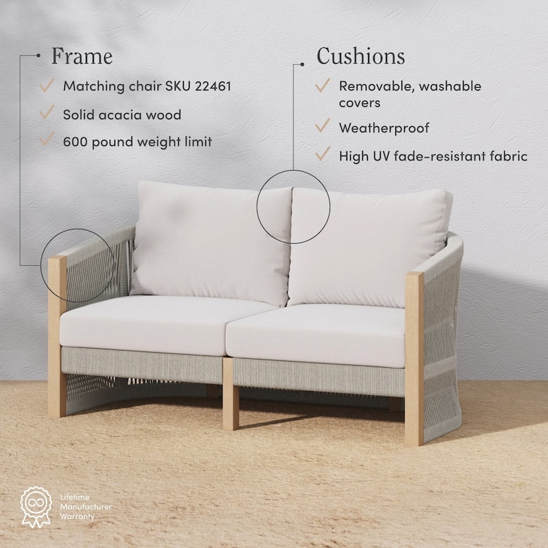 Jagger Farmhouse Patio Seating with Solid Acacia Wood Frame, Cushions, and Rope Accent