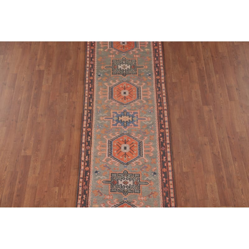 Geometric Kazak Runner Rug Handmade Grey Wool Carpet - 2'6"x 9'10"