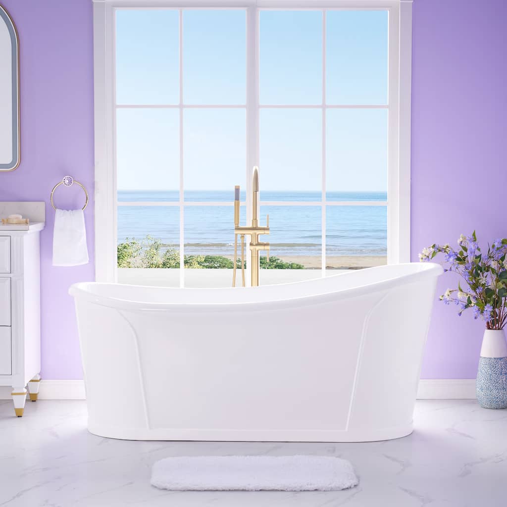 66'' W,68 GALLONS Freestanding Acrylic Soaking Bathtub With Drain And Overflow Holes