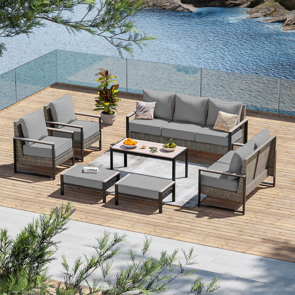 Outdoor 7 Pieces Rattan Patio Set with 3-Seater Sofa, Thickening Cushions with Coffee Table and Sturdy Frame