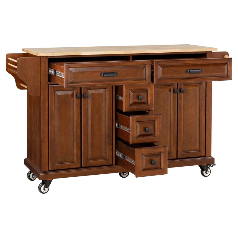Kitchen Island with Rubber wood Countertop, Kitchen Cart on 5 Wheels with Storage Cabinet and 5 Drawers for Dinning Room