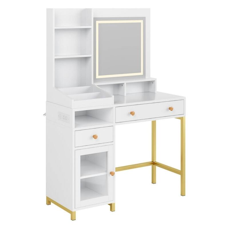 Makeup Vanity Desk with Adjustable LED Mirror, 2 Drawers, Shelves & Charging Station