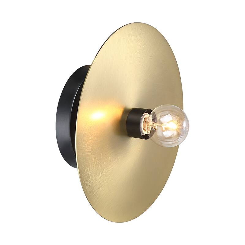 Harmoni 9 in. 1-Light Matte Black Wall Sconce Light with Brushed Gold Disk Accent for Bathrooms